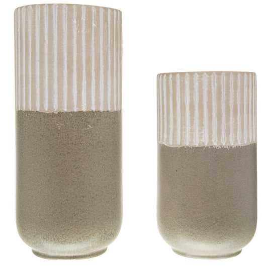 Grey ceramic vases with ribbed tops and smooth bases, showcasing modern minimalism and subtle texture for elegant decor.