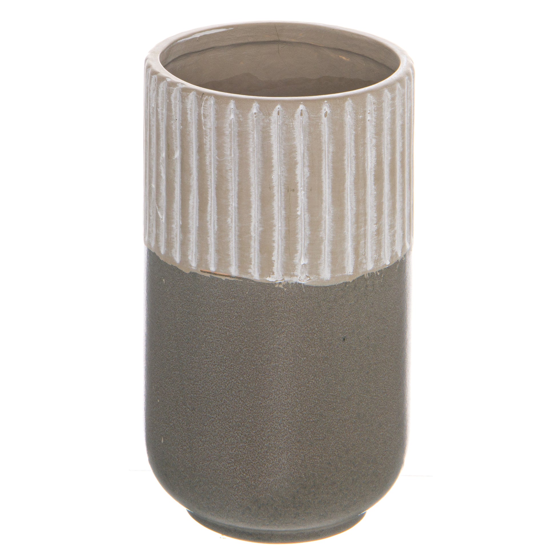 Sleek grey ceramic vase with a ribbed top and smooth bottom, embodying modern minimalism and refined elegance.