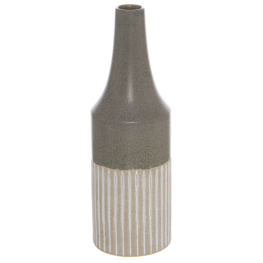 Sleek grey ceramic vase with a unique convex shape, matte finish, and ribbed texture, perfect for modern and classic decor.