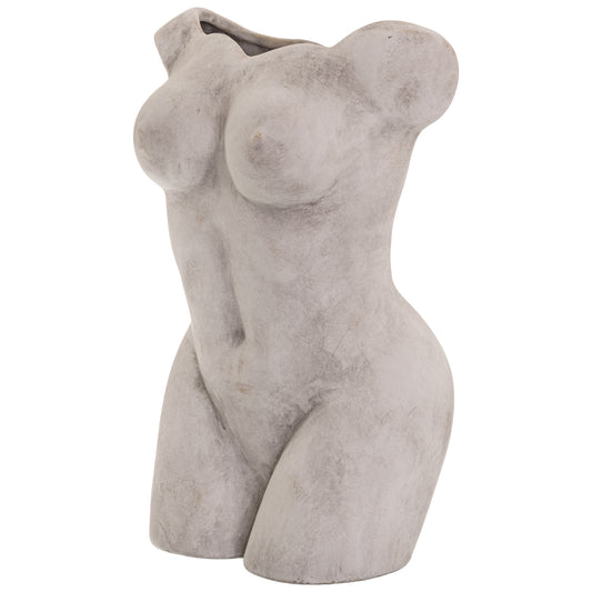 Sculptural female figure vase in matte gray stoneware, exuding elegance as a decorative accent or floral display.