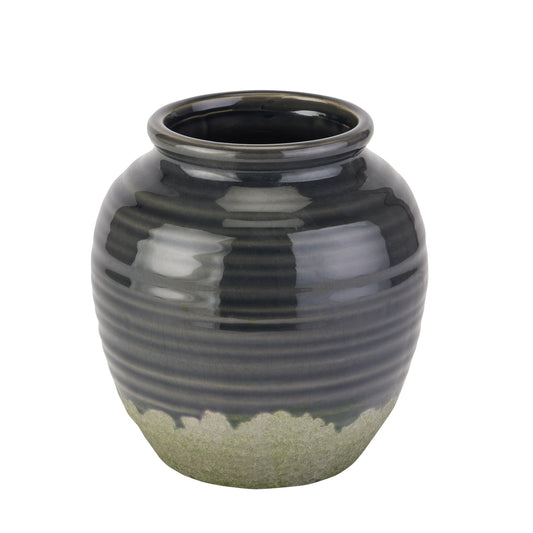 Navy squat vase with a glossy finish and rustic textured base, perfect for home decor or as a thoughtful gift.