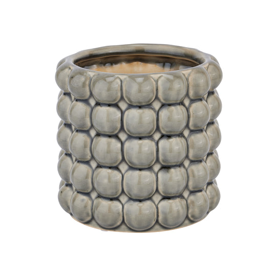 Grey ceramic planter with a sculptural bubble texture, featuring a glossy finish that adds elegance to any decor.