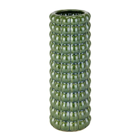 Olive green vase with a captivating bubble texture, featuring raised spherical details for dynamic light play. Perfect for floral displays.