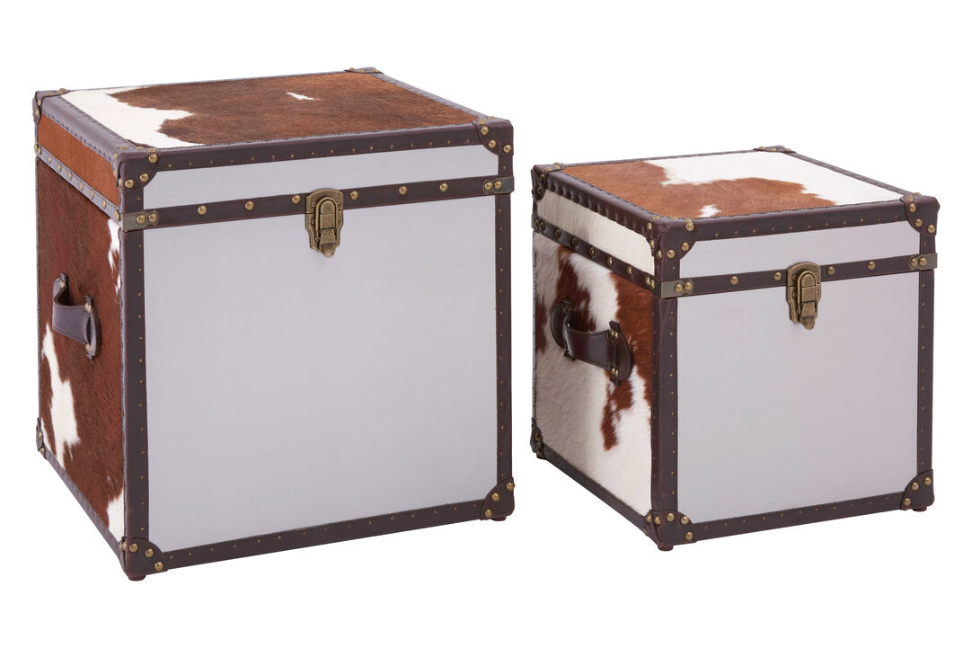 Chelsea Townhouse Brown And White Genuine Cowhide Storage Trunk Set