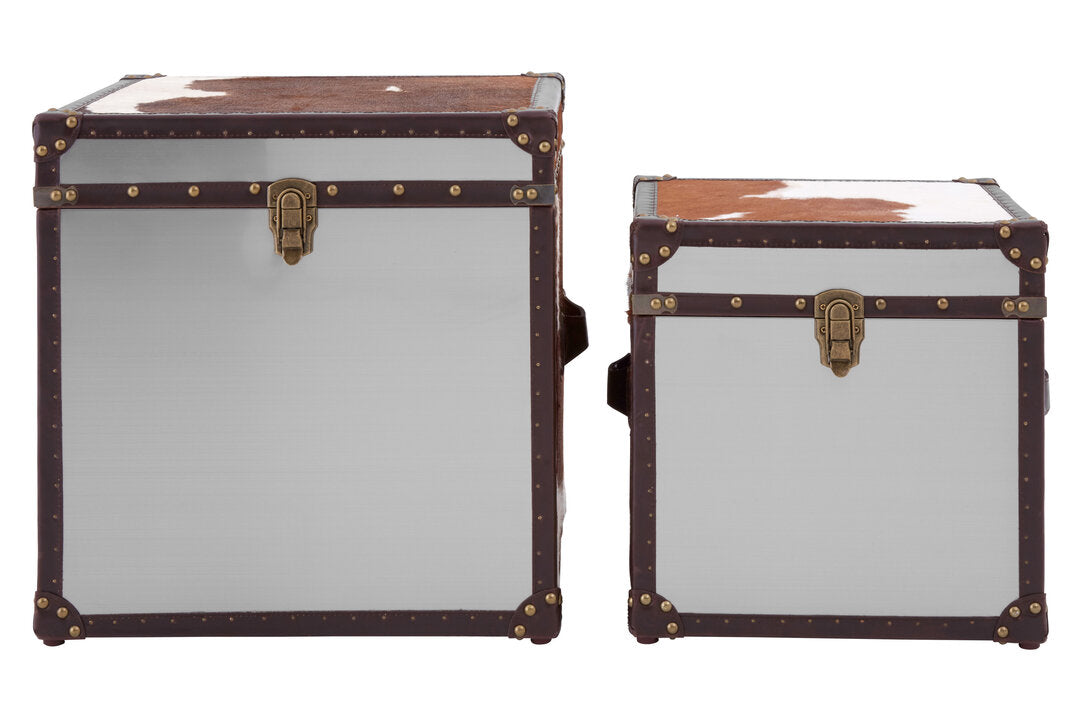 Chelsea Townhouse Brown And White Genuine Cowhide Storage Trunk Set
