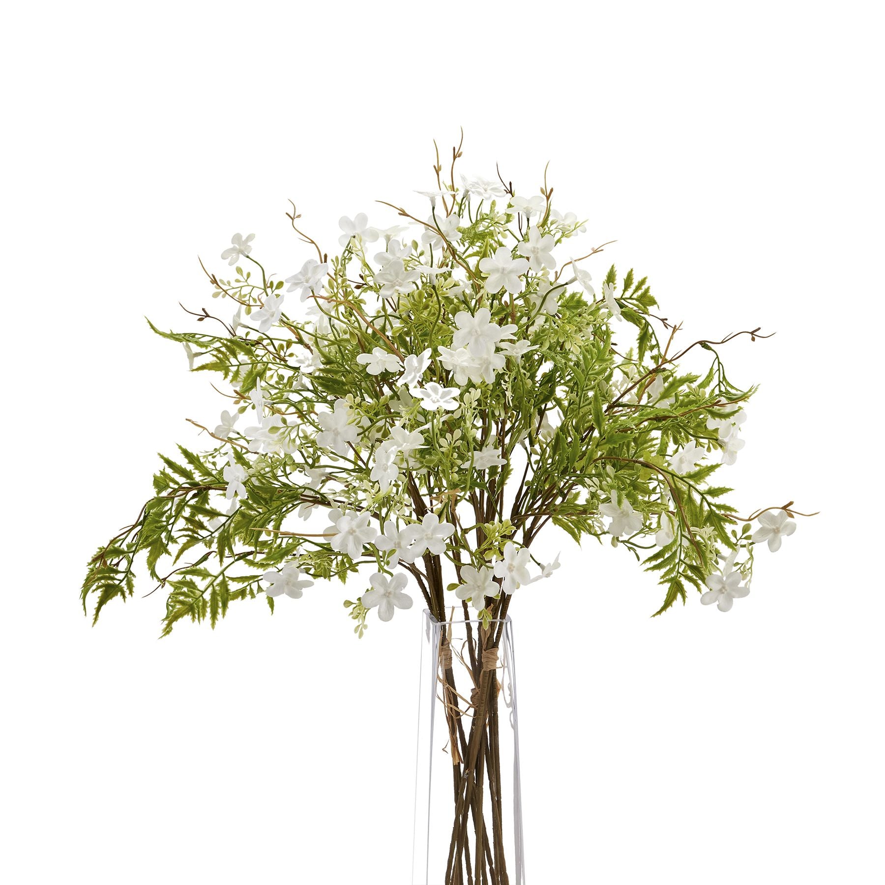 Delicate white bellflowers with green foliage elegantly arranged in a clear vase, embodying serene beauty and refined style.