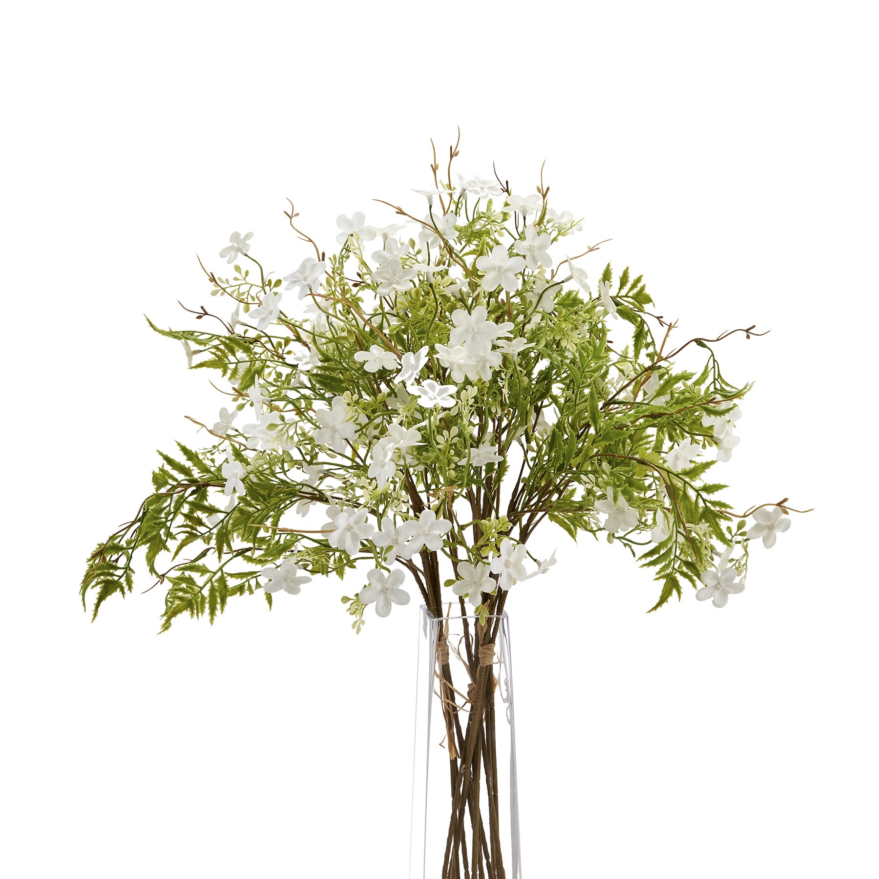 Delicate white bellflower stems adorned with lush green foliage, exuding tranquil elegance in a clear vase.