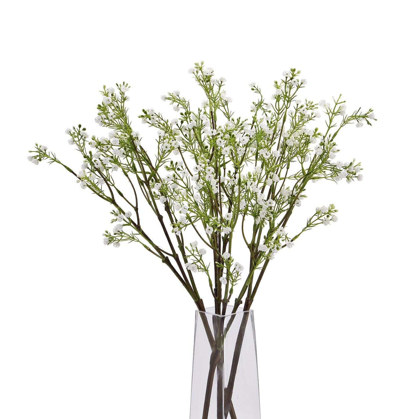 Lifelike artificial Lily of the Valley with delicate white flowers and green foliage, displayed in a clear vase.