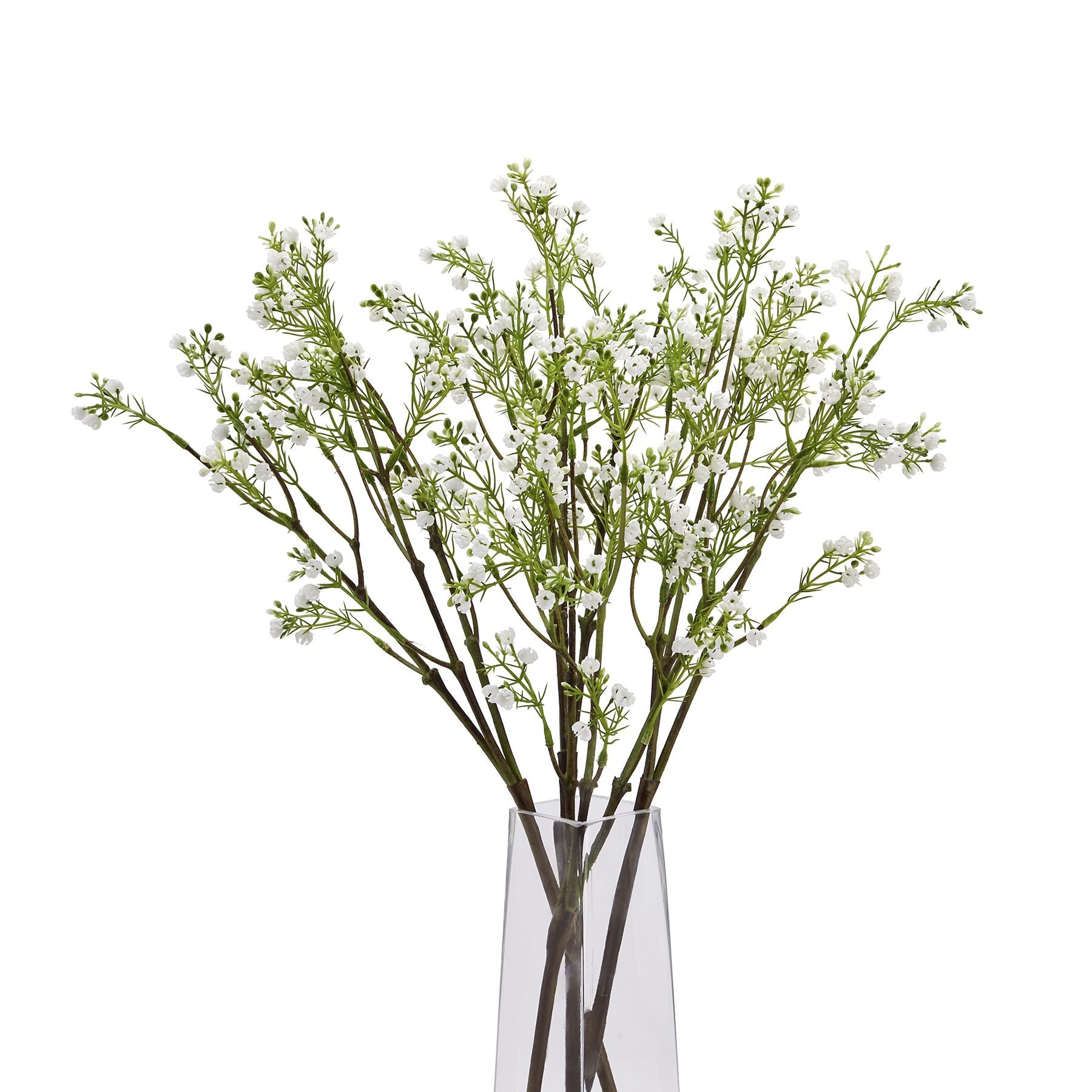 Lifelike artificial Lily of the Valley with delicate white flowers and green foliage, displayed in a clear vase.
