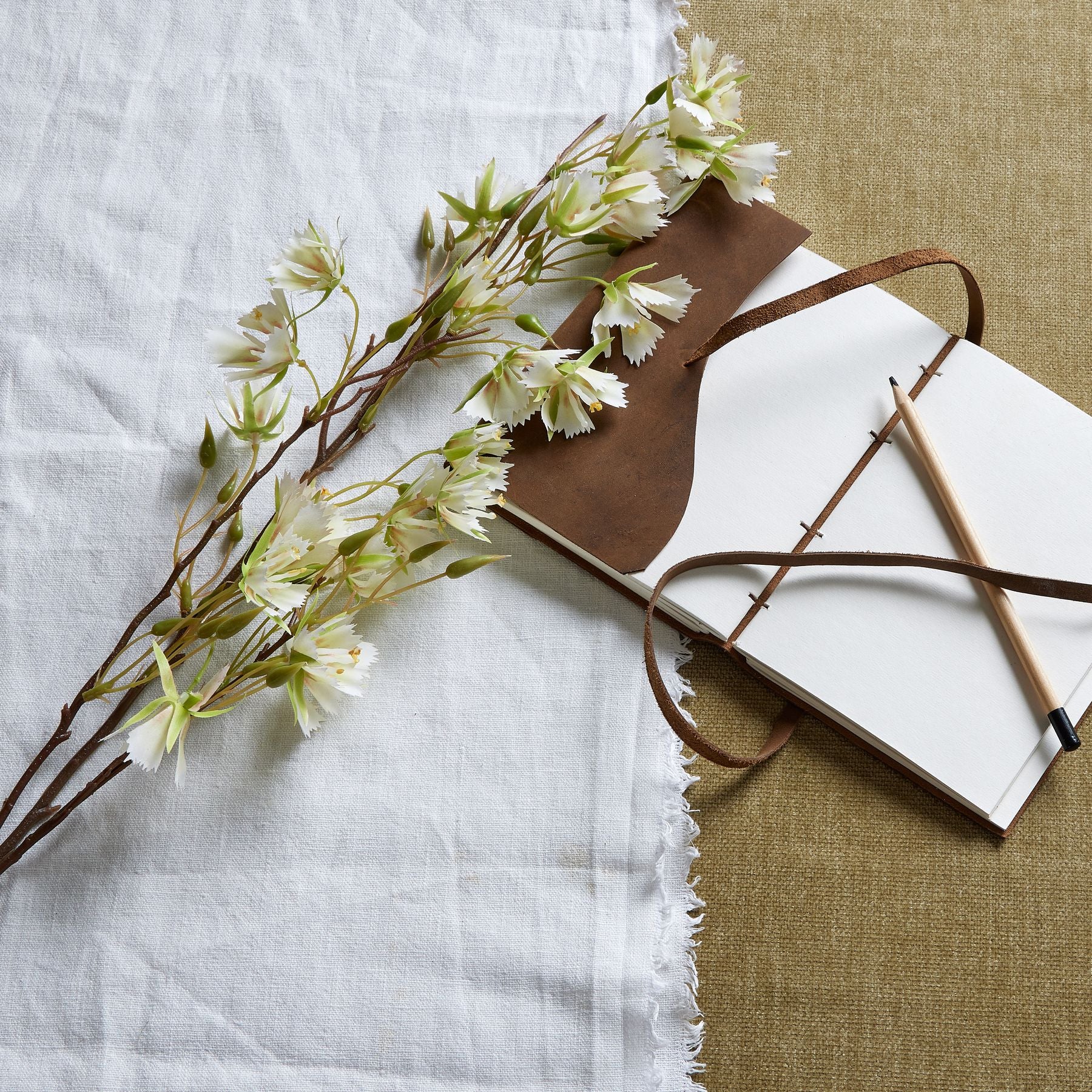 Elegant Elaeocarpus stem with finely textured green leaves and delicate white flowers, paired with a rustic leather notebook and pencil.