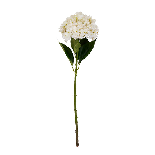 White hydrangea stem with intricately crafted blooms, dense petals, and robust green stem; ideal for elegant home decor.
