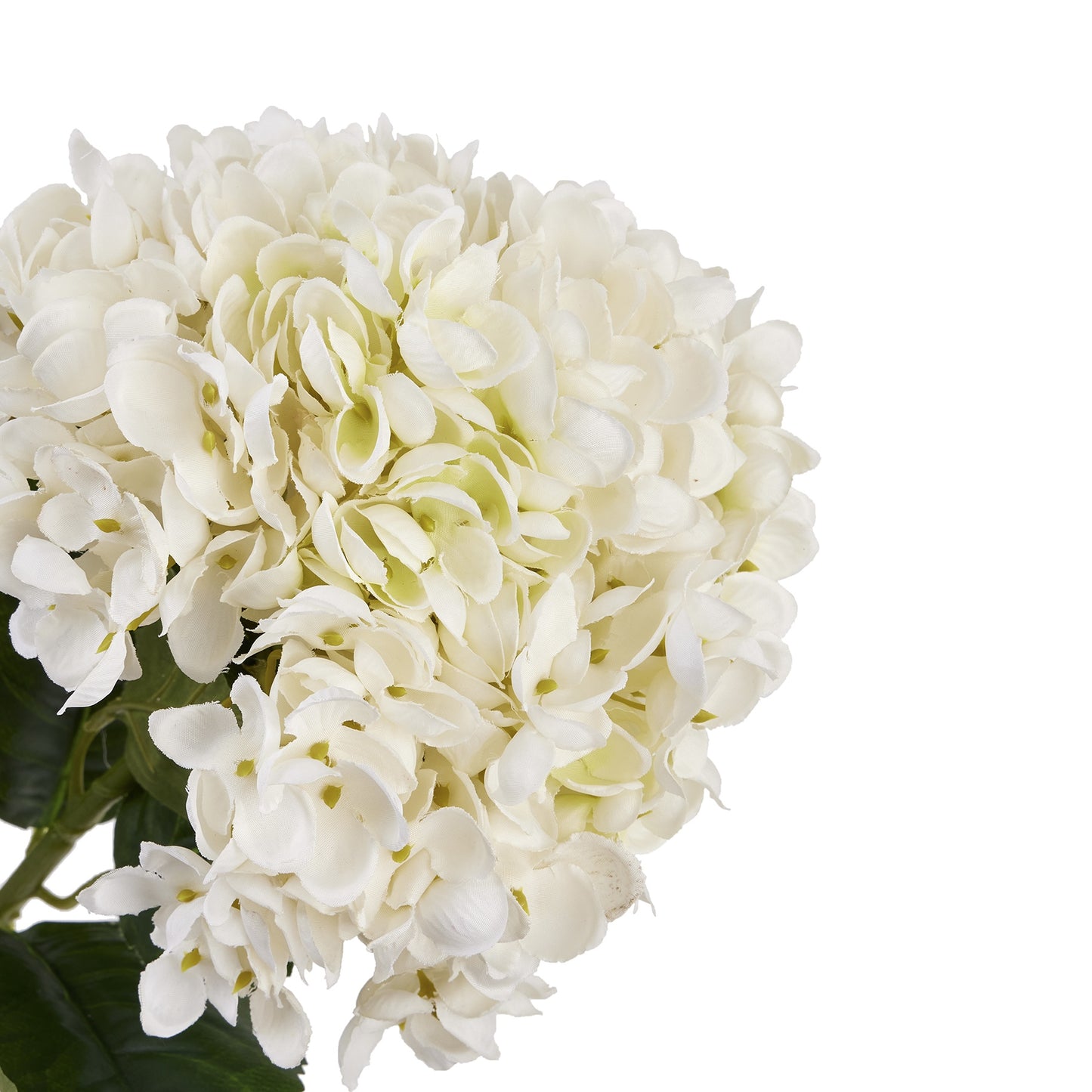 Lifelike white hydrangea stem with dense petals and robust green stem, perfect for elegant arrangements and home décor.