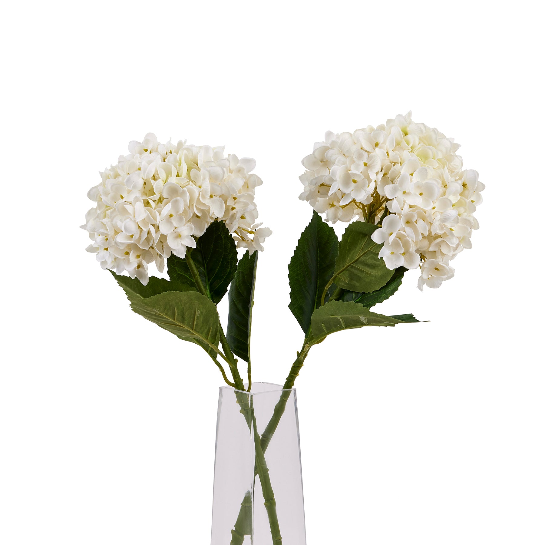 Lifelike white hydrangea stem with delicate petals and sturdy green leaves, ideal for elegant home arrangements.