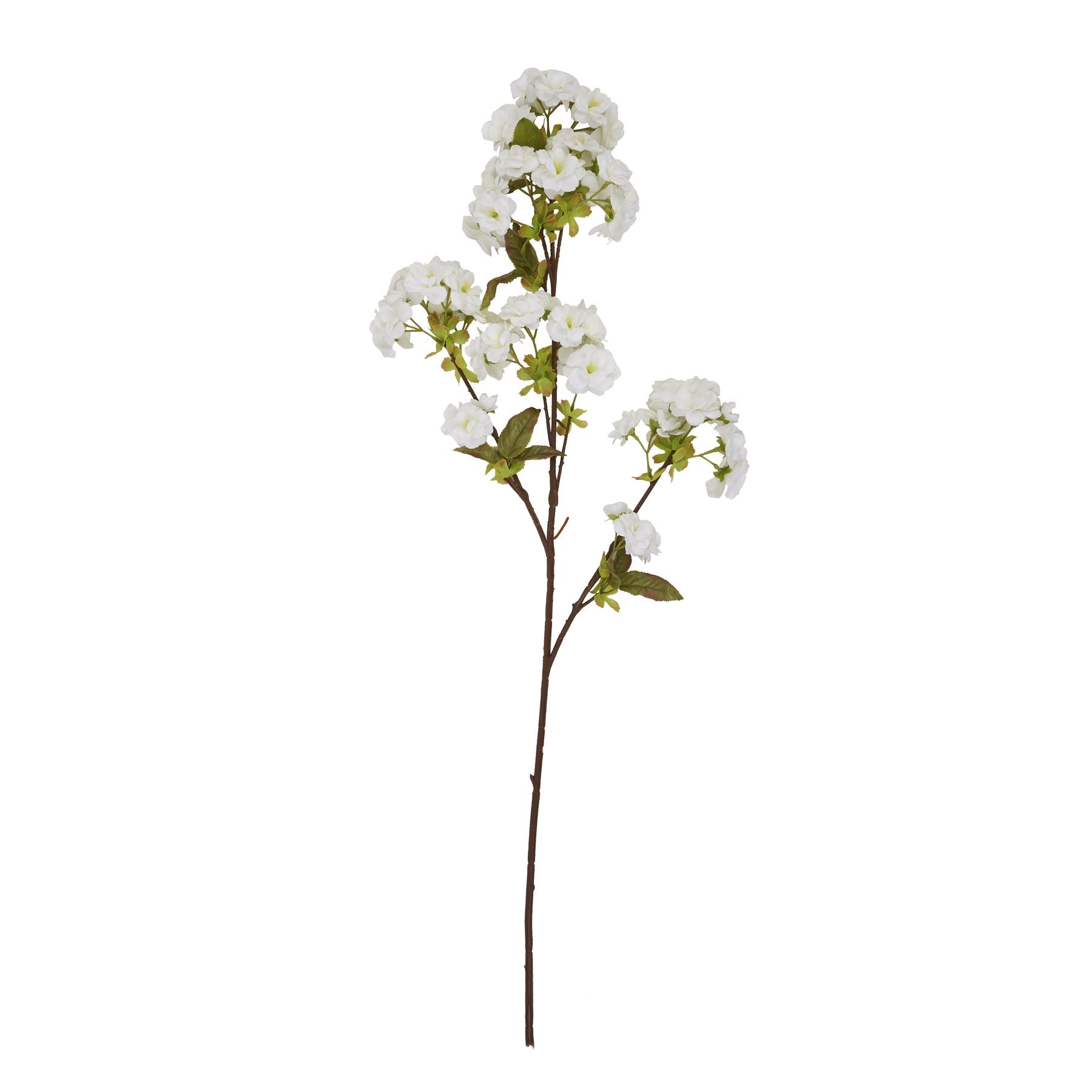 Tall artificial white flower stem with delicate blooms and green leaves, measuring 130 cm, ideal for enhancing home decor.