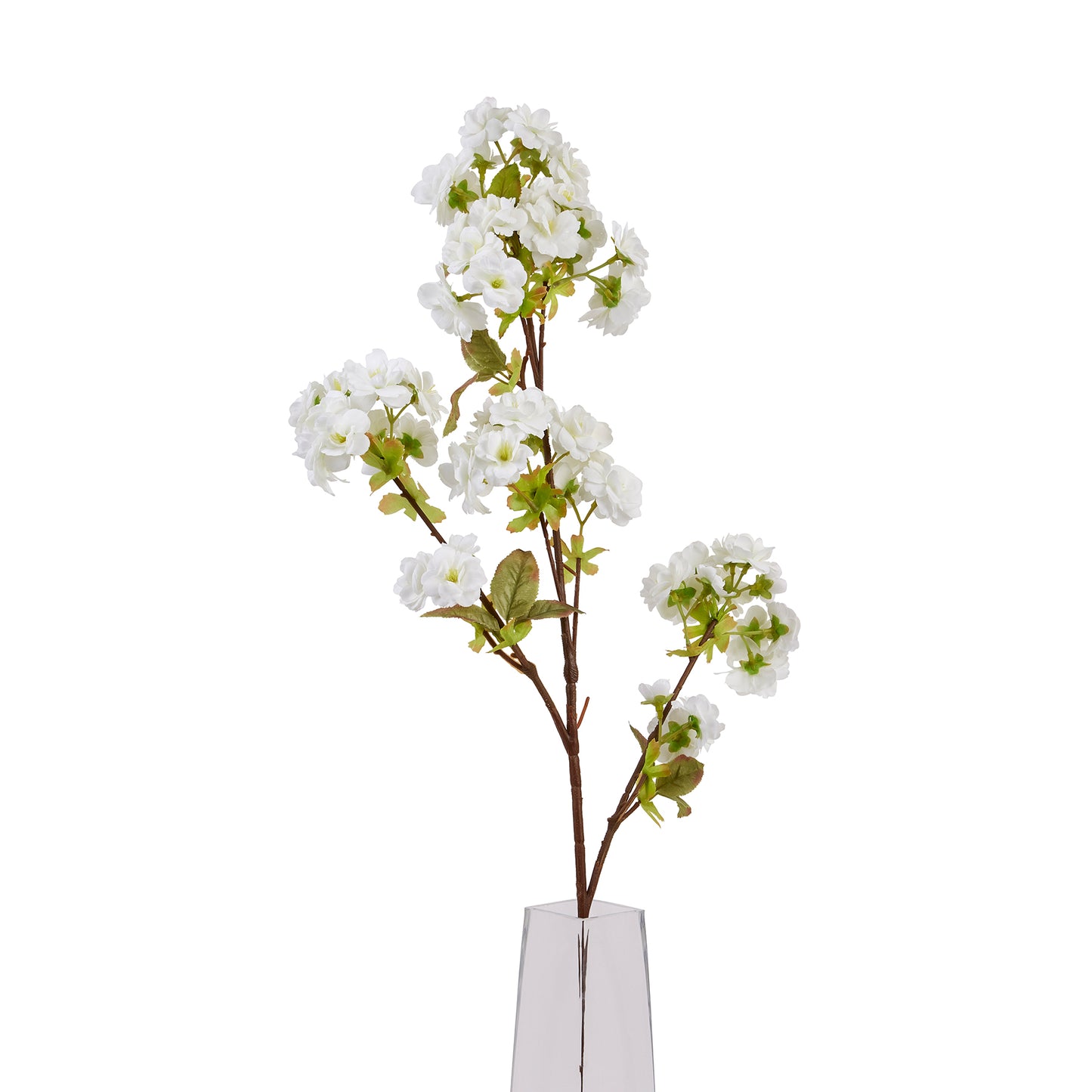 Tall, 130cm artificial white blossom stem with delicate flowers and green leaves, elegant for various decor styles.