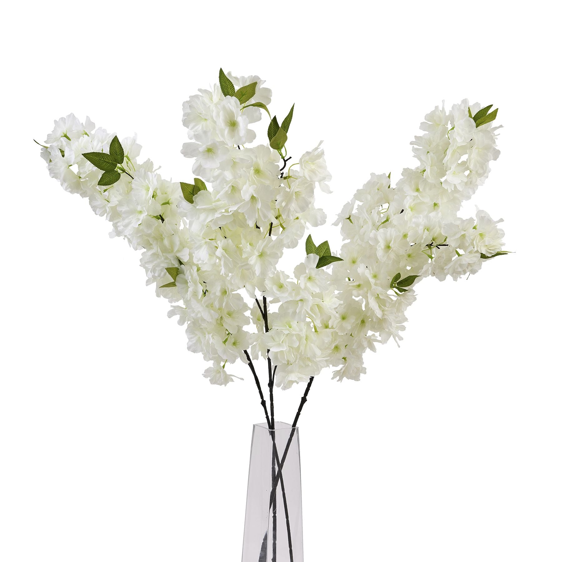 Large white cherry blossom stem featuring intricately crafted petals and cascading branches, set in a clear vase.