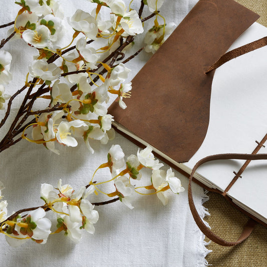Delicate white Japanese blossoms on a dark branch, elegantly arranged beside a brown leather notebook on a textured background.