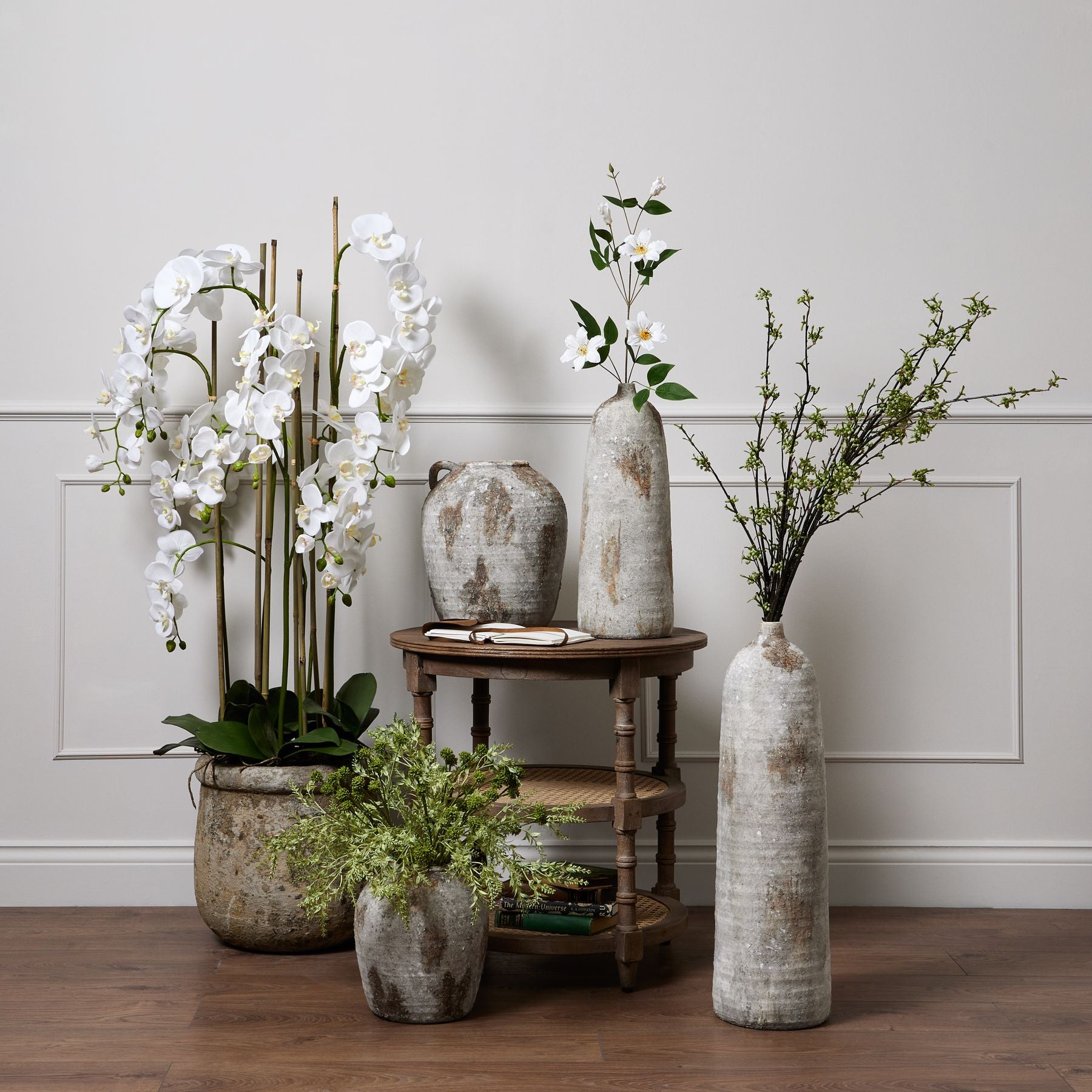 Large White Orchid In Antique Stone Pot - All Artificial Flowers from the Quanta Home collection.