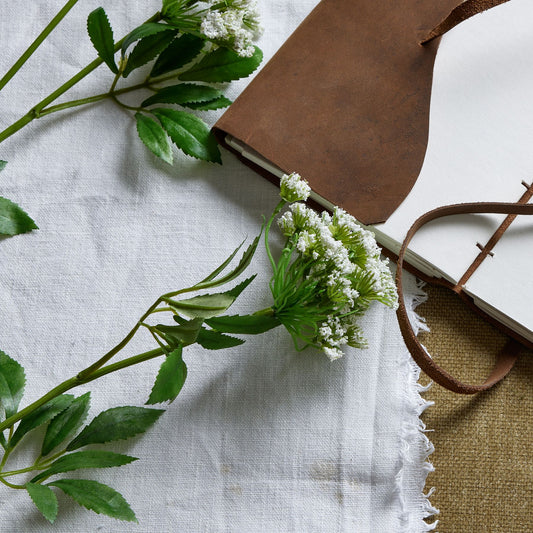 Detailed artificial white cow parsley stem with lace-like blooms, green leaves, and a rustic notebook on a white fabric background.