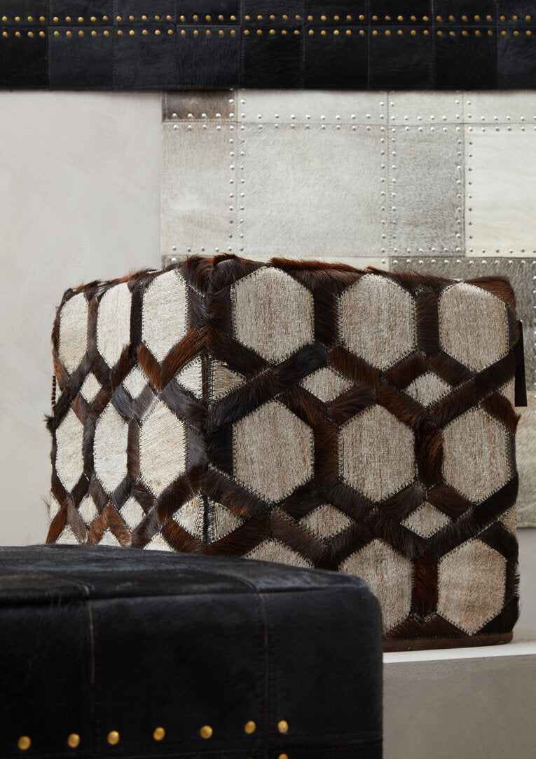 Azure Genuine Grey Leather Patchwork Pouffe