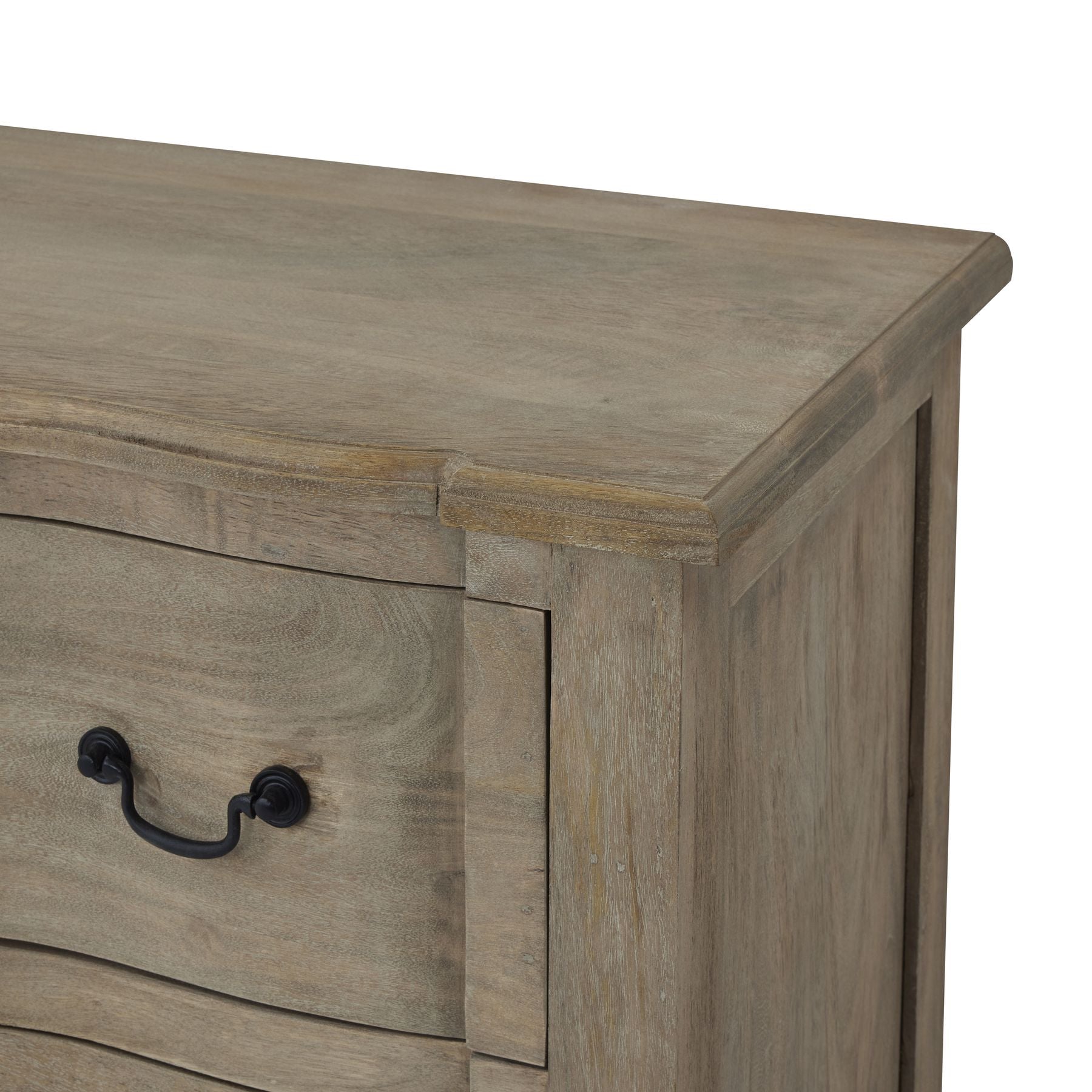 Six-drawer chest in washed, bleached hardwood with elegant black iron handles, showcasing refined craftsmanship and timeless design.