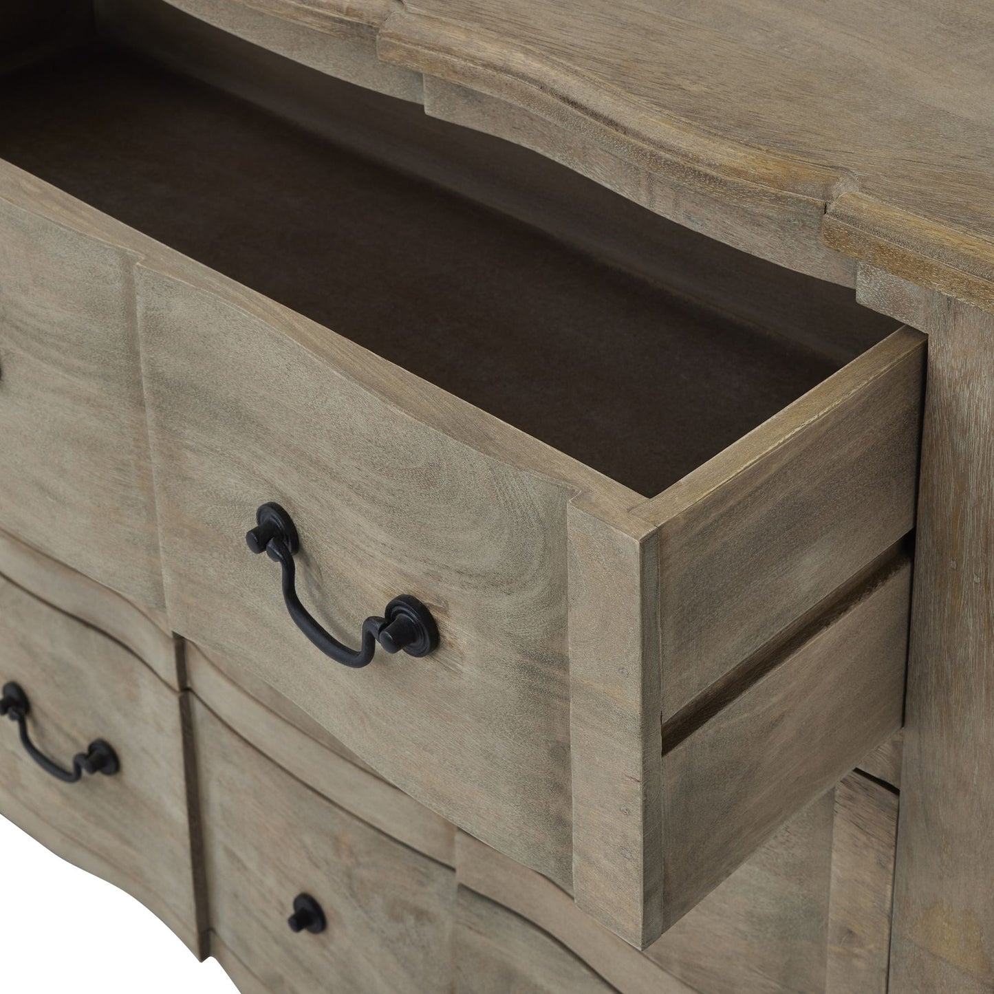 Wooden chest with six drawers in a washed finish, featuring black iron handles, showcasing elegant craftsmanship and charm.