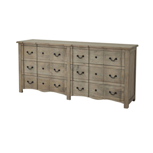 Elegant six-drawer chest in a washed wood finish, featuring black iron handles, combining French provincial charm and modern design.