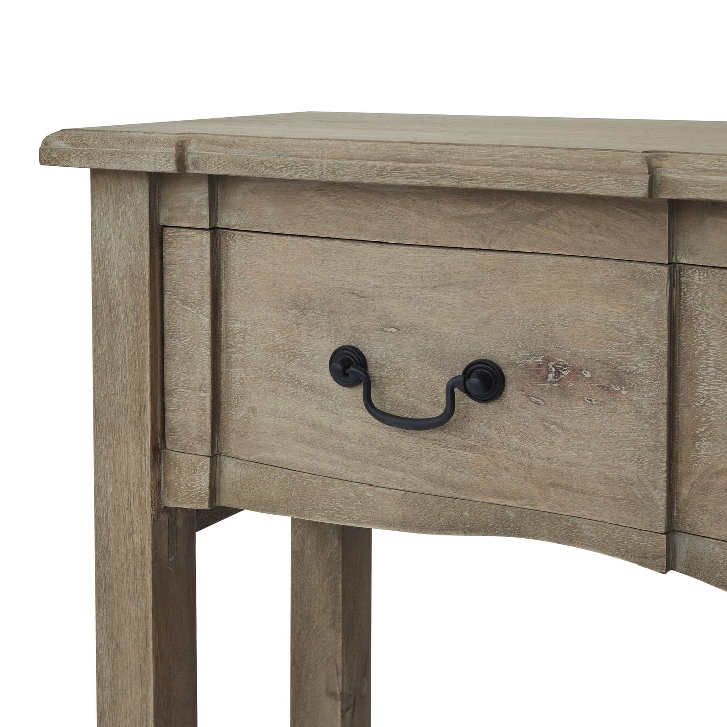 Lightly washed wooden console table with a single drawer, featuring black iron handles and elegant curved edges for a classic touch.