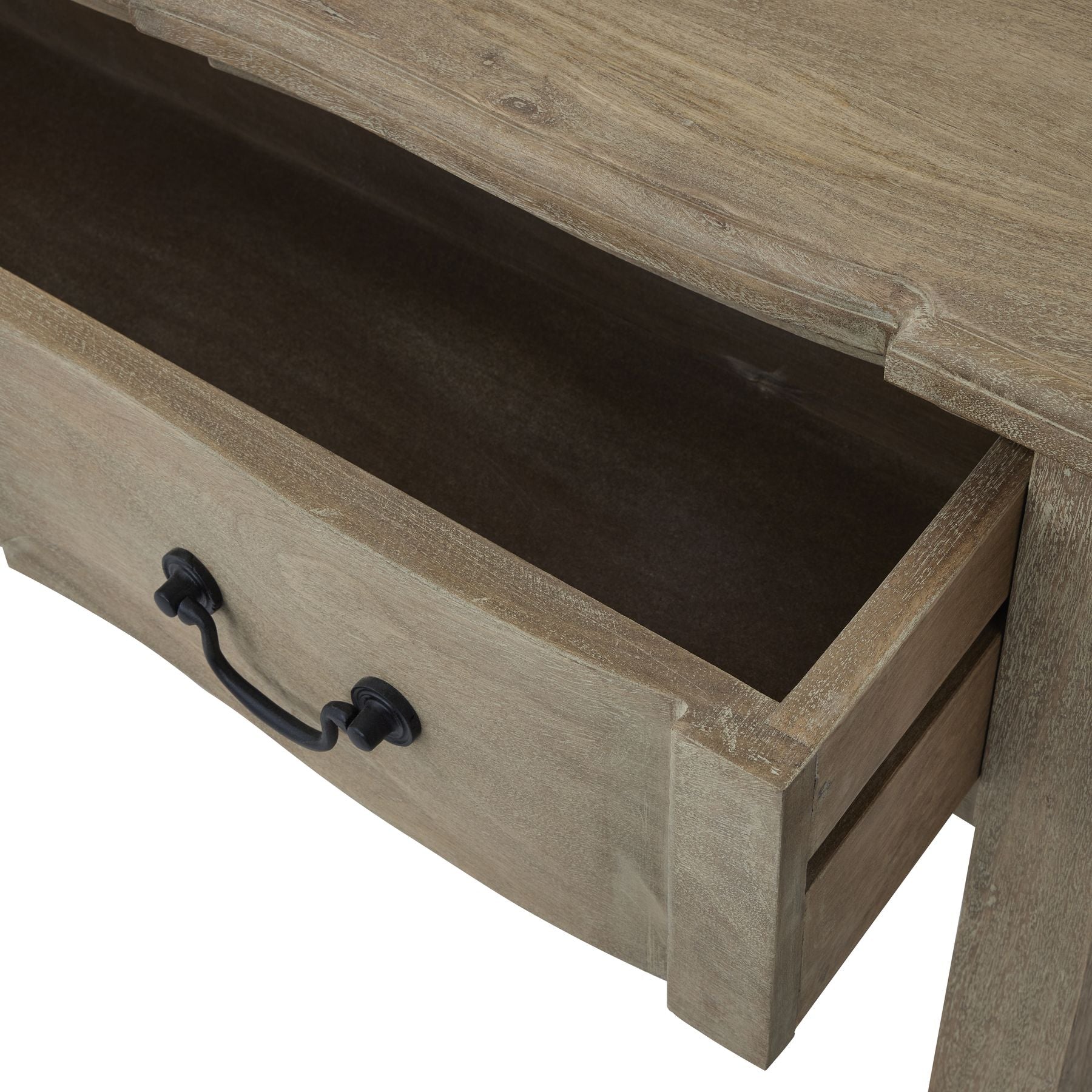 Lightwashed hardwood console table showcasing a full-width drawer with black iron handles, combining French elegance with modern design.