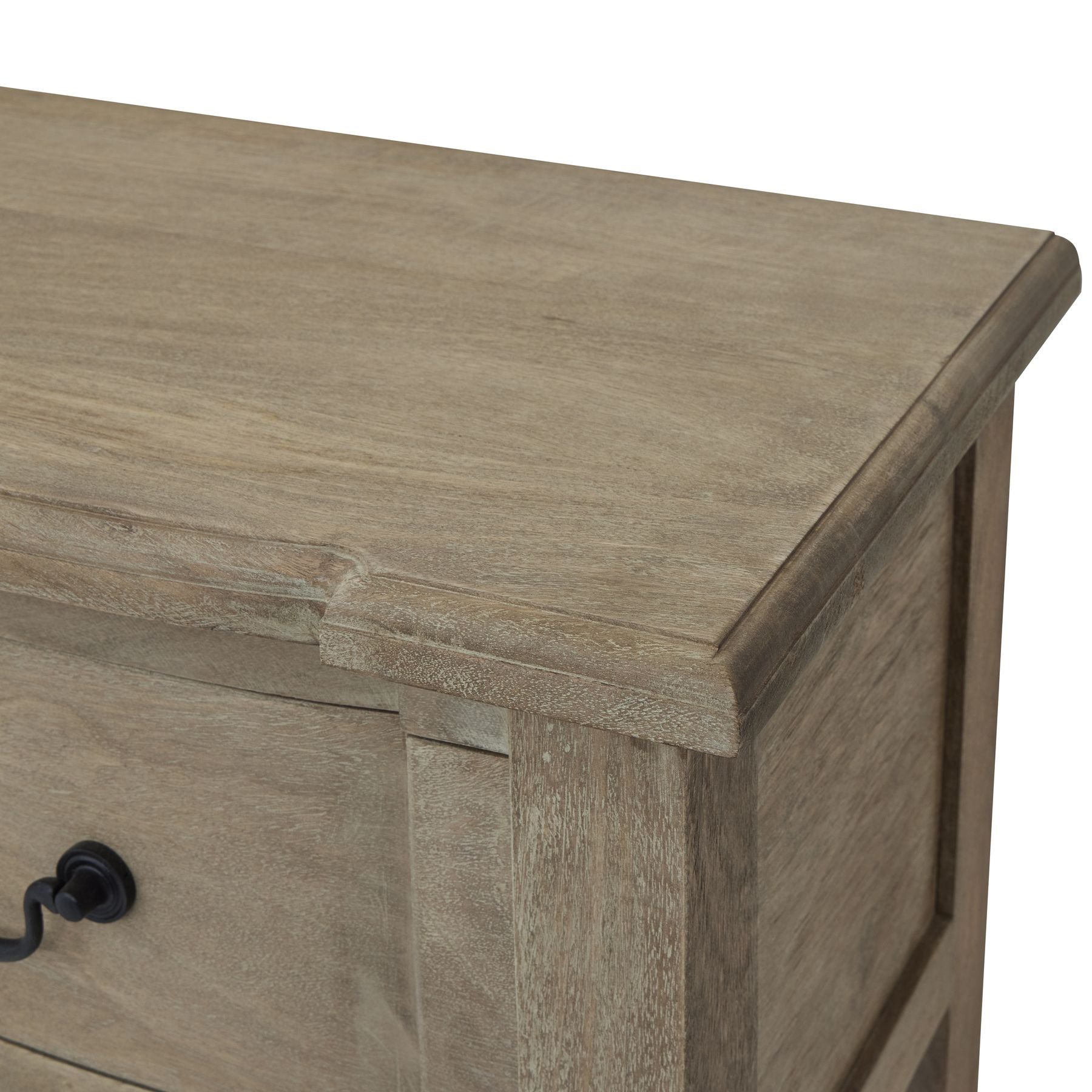 Refined console table with washed wood finish, elegant curves, and contrasting black iron handles; features a full-width drawer for storage.