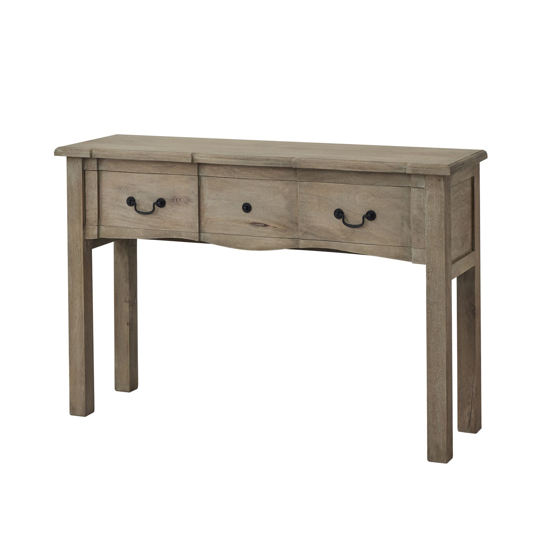 French provincial console table with a washed wooden finish and black iron handles; features a full-width drawer for storage.