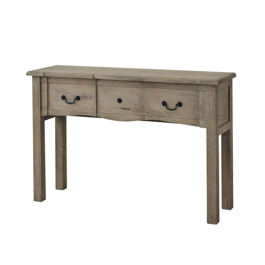 French provincial console table with a washed wooden finish and black iron handles; features a full-width drawer for storage.