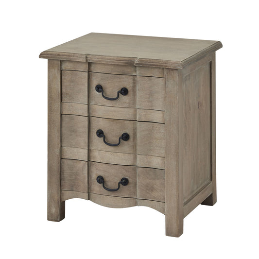 Three-drawer bedside table featuring a washed, bleached hardwood finish and black ironwork handles, exuding classic French-inspired elegance.