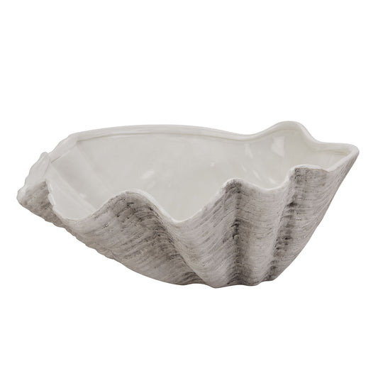 Large white ceramic shell bowl with intricate textural details, perfect for coastal decor and versatile styling.