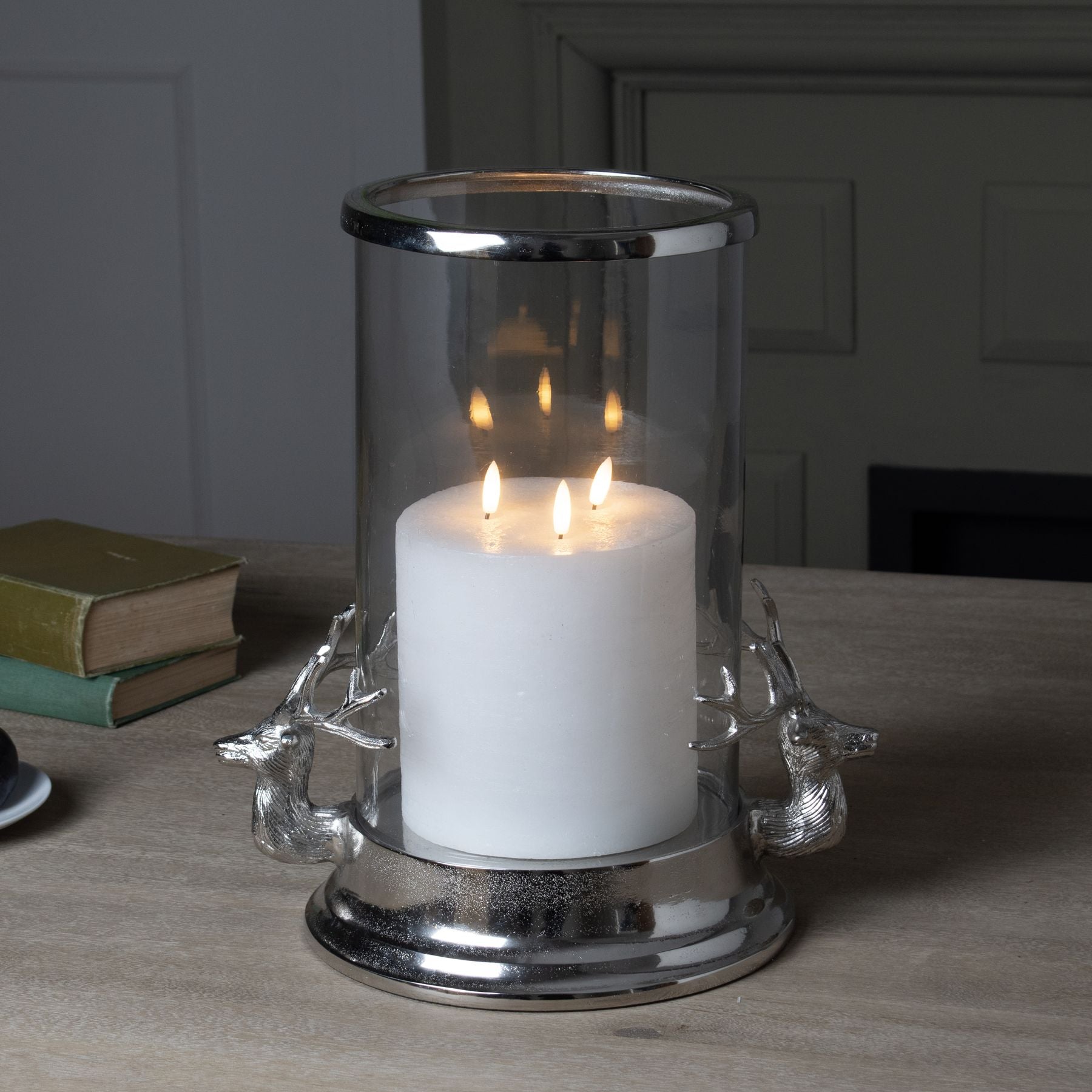 Silver Stag Heads Hurricane Lantern - Christmas Candles & Candle Accessories from the Quanta Home collection.