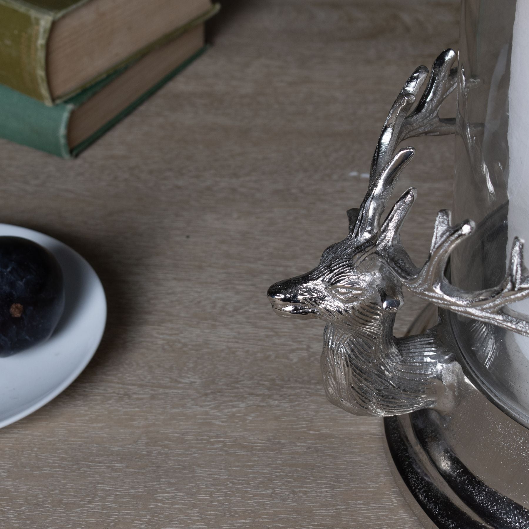 Silver Stag Heads Hurricane Lantern - Christmas Candles & Candle Accessories from the Quanta Home collection.