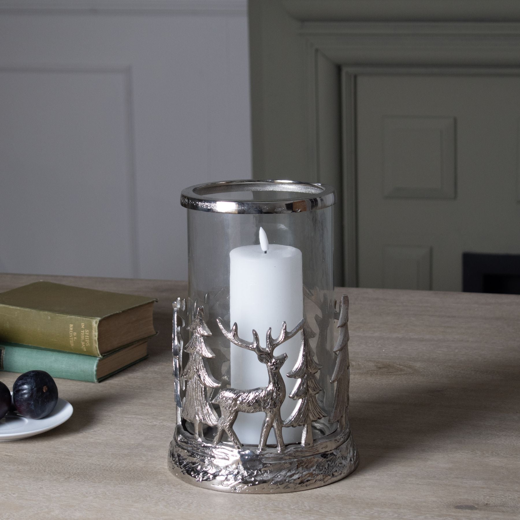 Silver Stag Scene Hurricane Lantern - Christmas Candles & Candle Accessories from the Quanta Home collection.