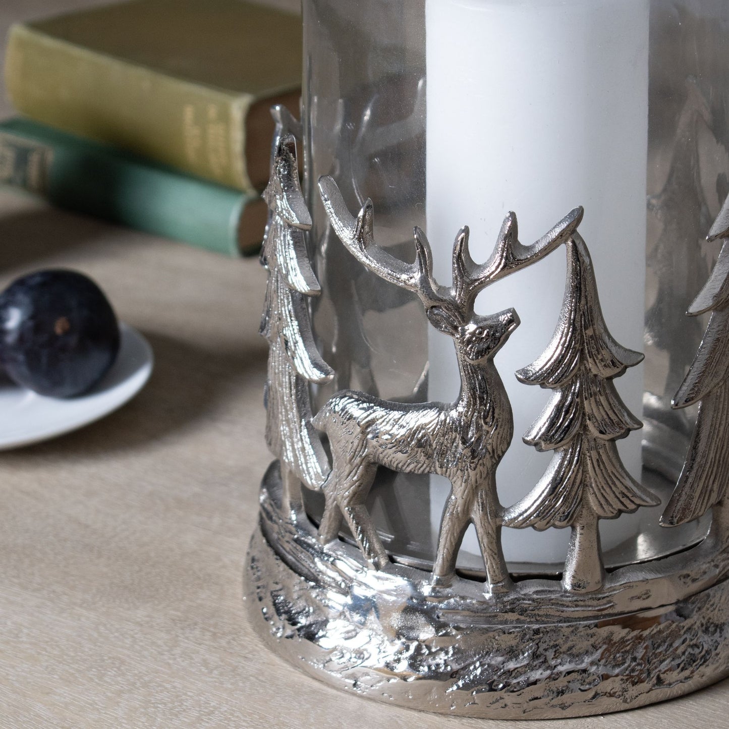 Silver Stag Scene Hurricane Lantern - Christmas Candles & Candle Accessories from the Quanta Home collection.