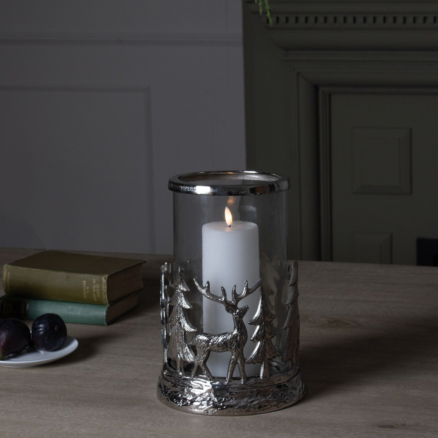 Silver Stag Scene Hurricane Lantern - Christmas Candles & Candle Accessories from the Quanta Home collection.
