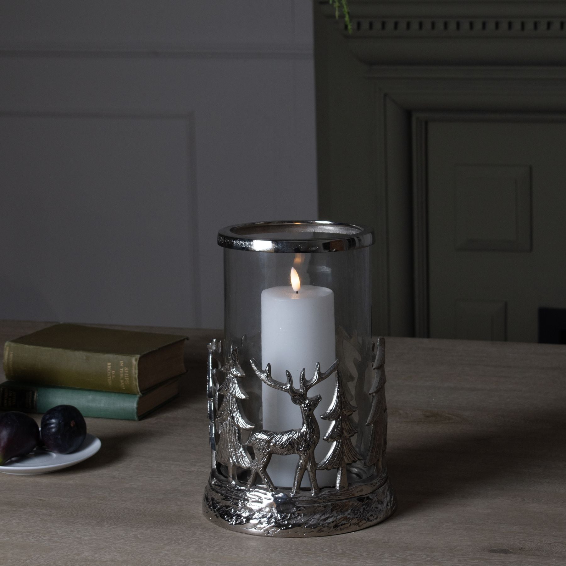 Silver Stag Scene Hurricane Lantern - Christmas Candles & Candle Accessories from the Quanta Home collection.
