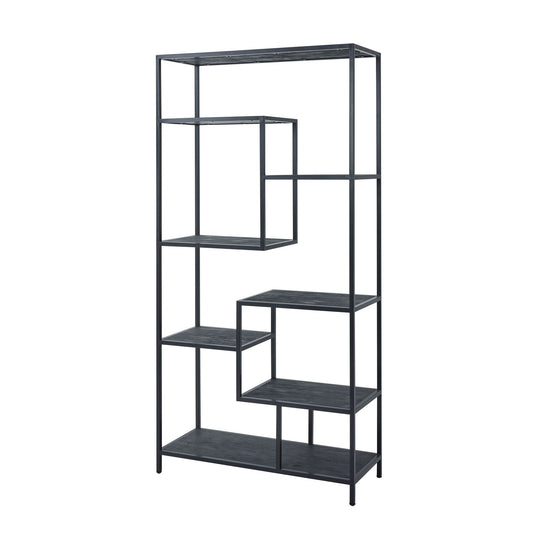 Large black shelf unit with seven staggered shelves and sleek lattice metalwork, offering a modern, industrial aesthetic.