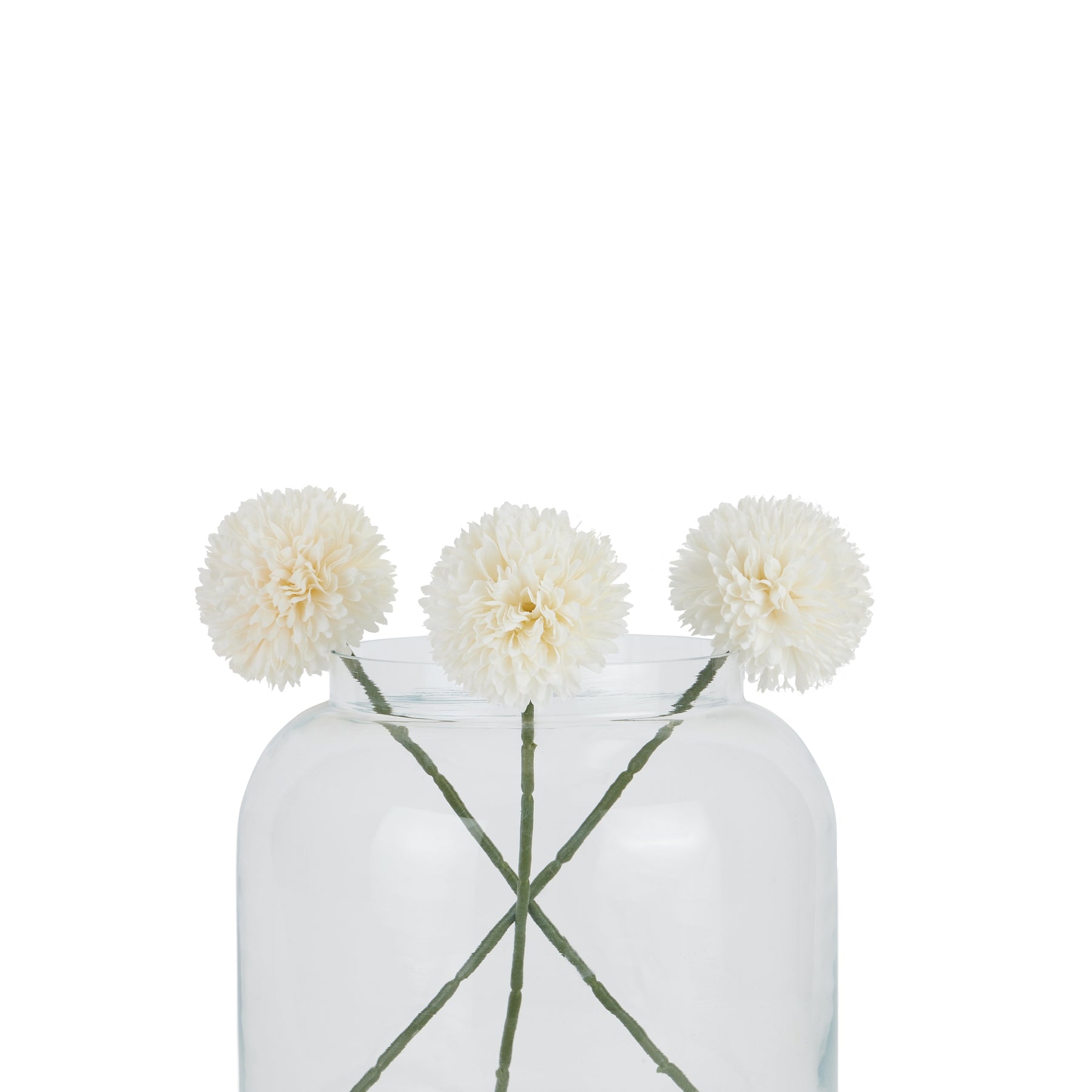 Lifelike white short chrysanthemums in a glass vase, showcasing fluffy petals and green stems, perfect for elegant decor.