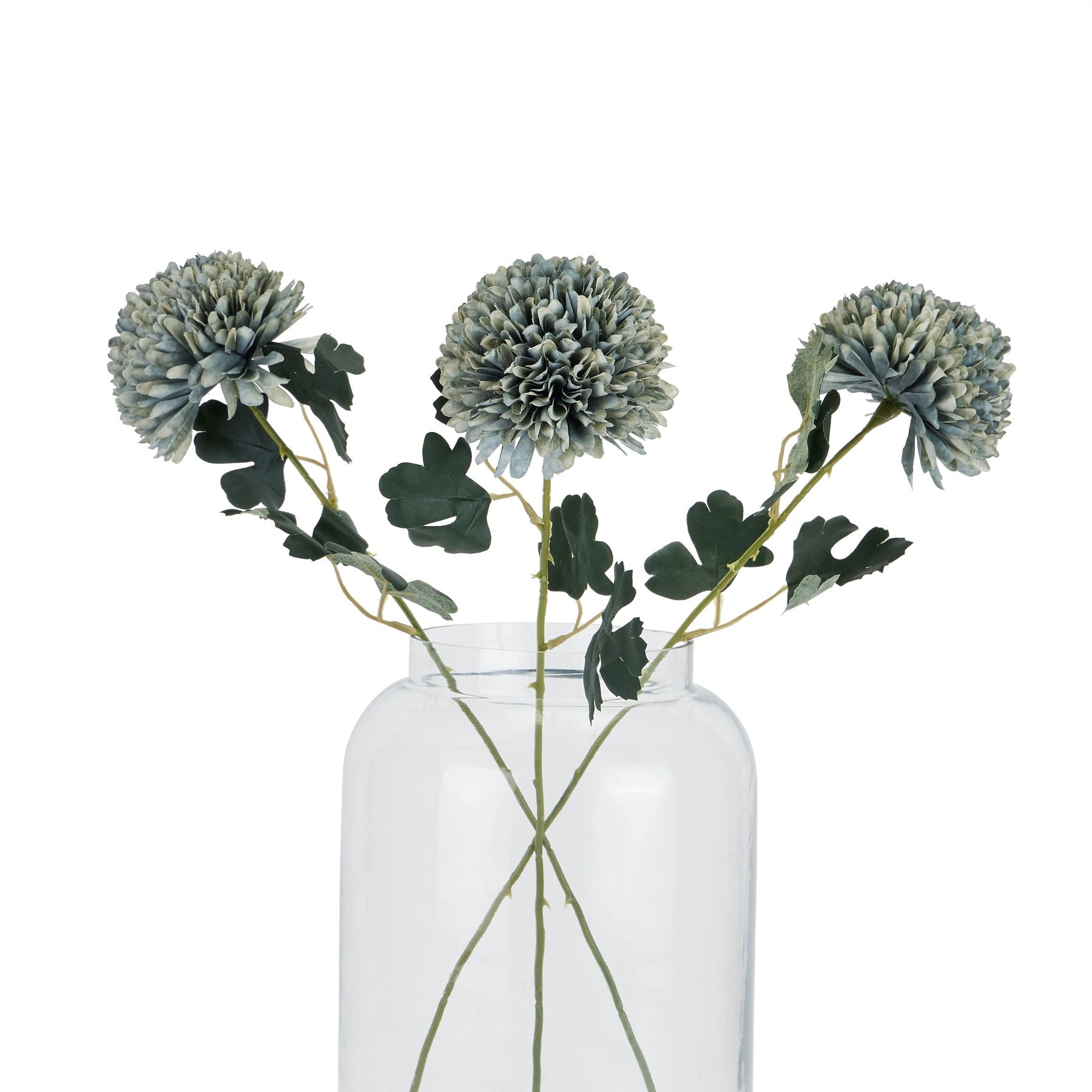 Pale green-blue chrysanthemum artificial flowers in a glass vase, featuring layered petals and lush green leaves for a serene decor accent.