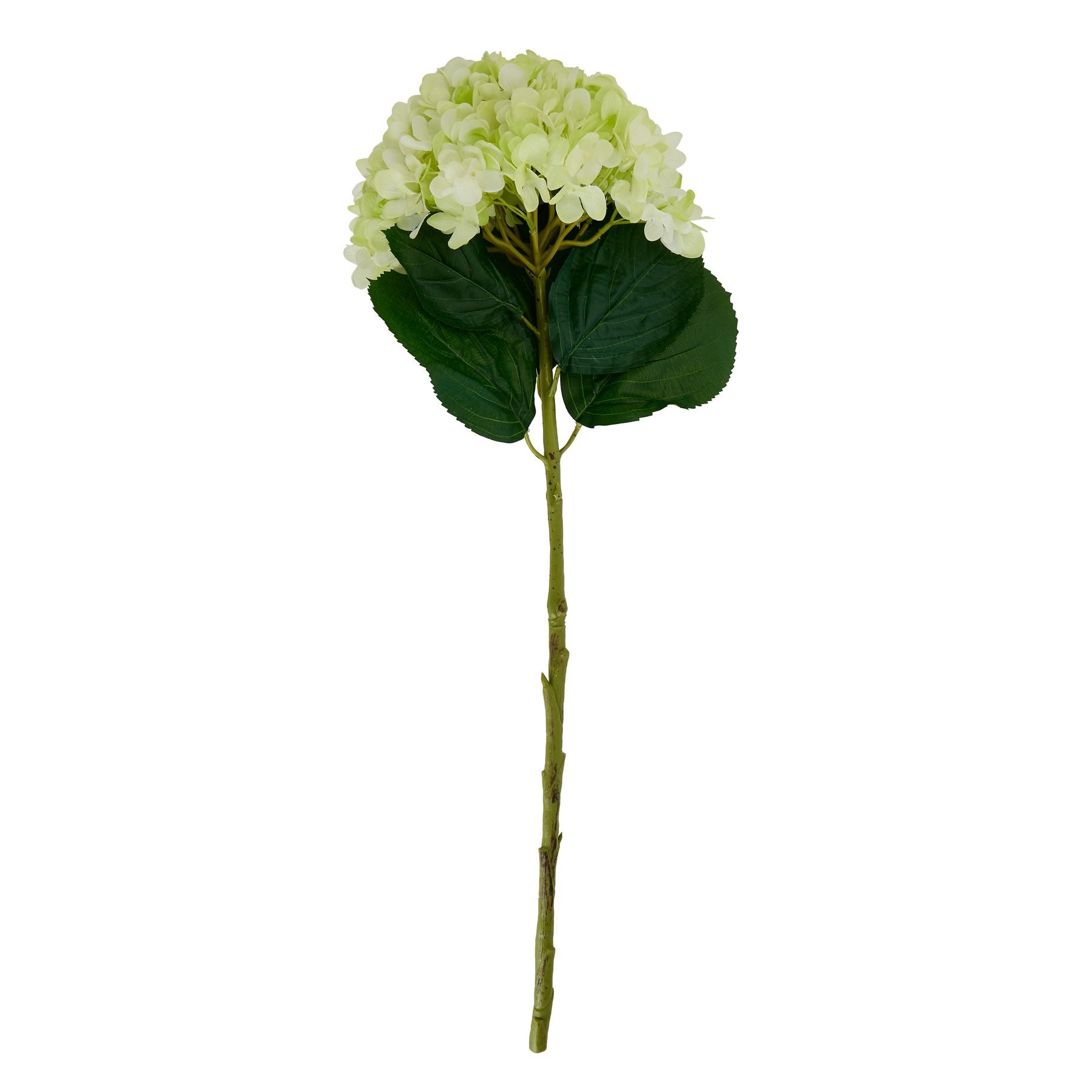 Oversized green hydrangea stem with lush hand-painted blooms and rich green leaves, offering timeless, maintenance-free elegance.