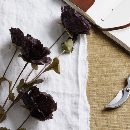Tall black poppy stem featuring realistic petals and deep ebony hues, styled on a textured beige background with gardening tools.