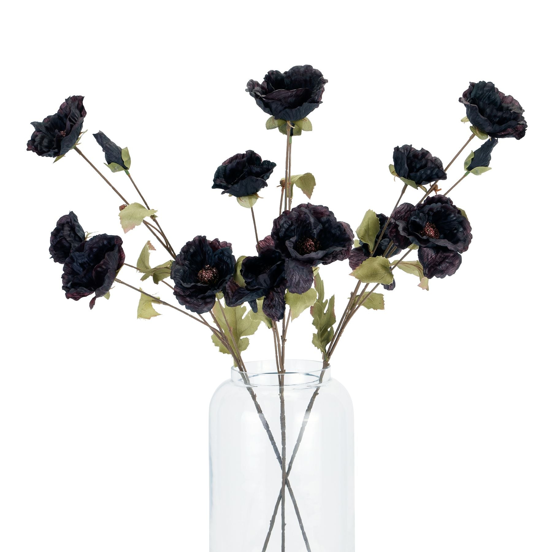Tall black poppy stem in a clear vase, featuring realistic dark petals and green leaves, adding dramatic elegance to decor.