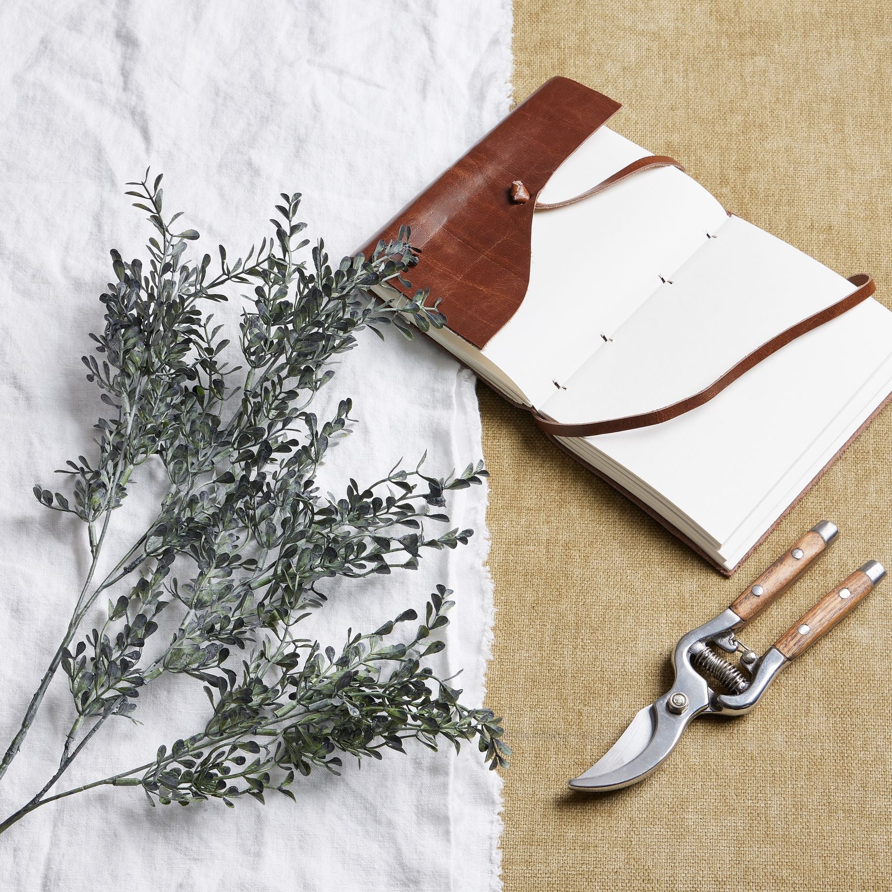 Elegant blackened grass spray stem with realistic foliage details, set beside a brown leather-bound notebook and pruning shears.