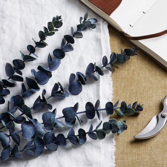Large blue eucalyptus stem with rich tones and realistic leaves, displayed on a textured backdrop alongside garden shears.