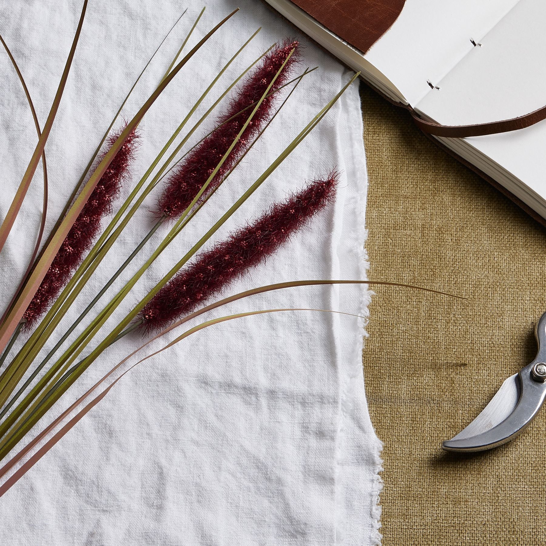 Rich ruby red triple grass stems with textured tips and green accents, resting on white fabric alongside a notebook and shears.