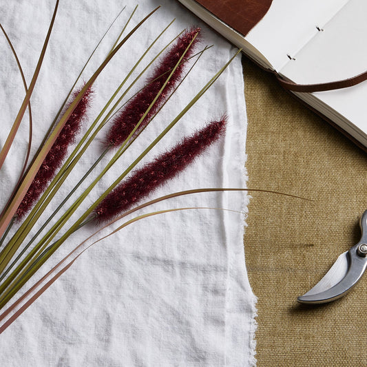 Rich ruby red triple grass stems with textured tips and green accents, resting on white fabric alongside a notebook and shears.